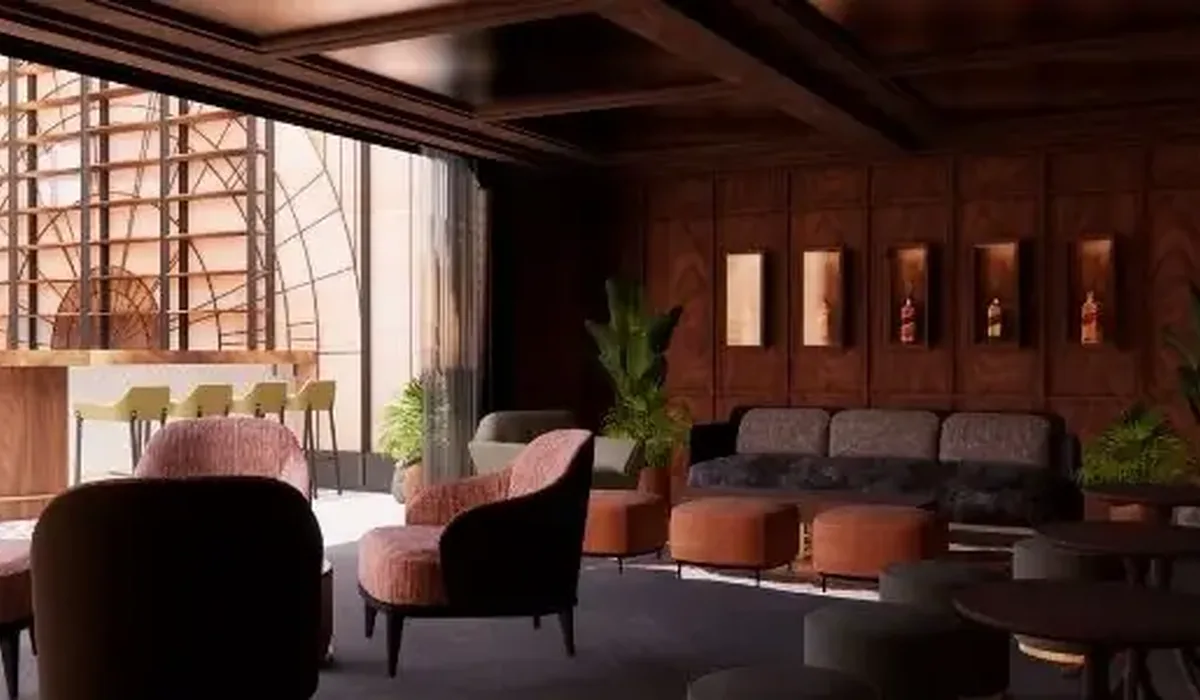 hotel whiskey bar design with modern industrial style glazing