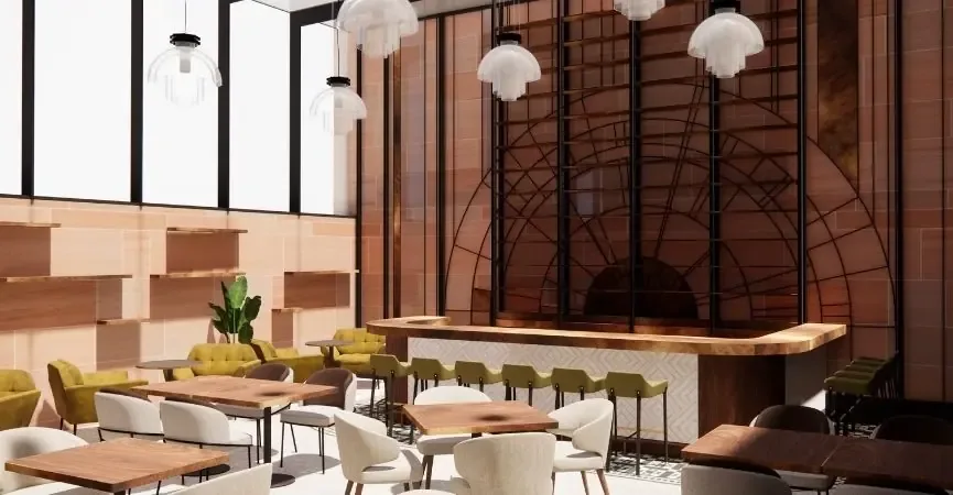 industrial style whiskey bar to be added to a luxury hotel 