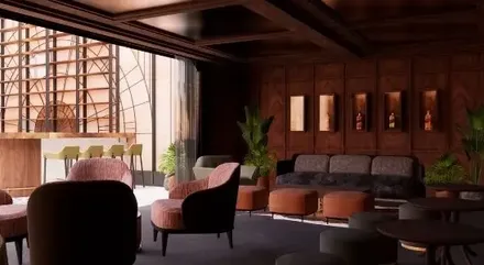 hotel whiskey bar design with modern industrial style glazing