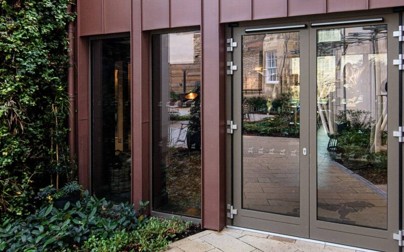 Aluminium double doors fitted within Glazed Link in Northumberland - Bailiffgate Hotel - IQ Projects